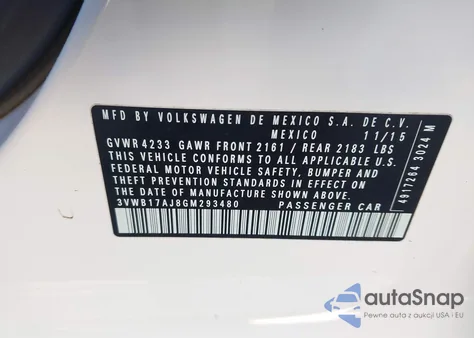 2016 Volkswagen Jetta 1.8T Sport из США, поврежденный, VIN 3VWB17AJ8GM293480